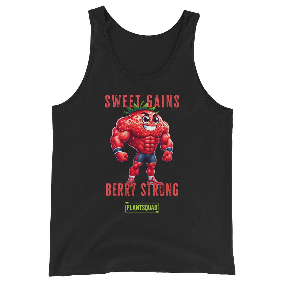 A black Plantsquad Strawberry "Sweet Gains Berry Strong" - Unisex Tank Top featuring a muscular, anthropomorphic strawberry character flexing. Above the strawberry, text reads "Sweet Gains," and below it, "Berry Strong." At the bottom, a green logo with the text "Plantsquad." Perfect for showcasing your plant-based lifestyle in the gym.