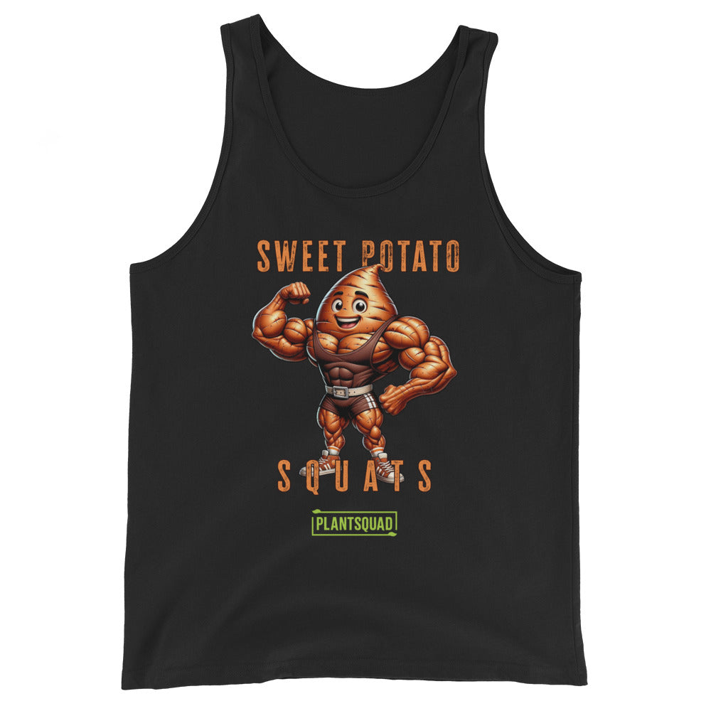 The Plantsquad Sweet Potato "Sweet Potato Squats" - Unisex Tank Top is a black vegan gym tank top featuring an illustration of a muscular anthropomorphic sweet potato flexing its arms. Above it, the text says "Sweet Potato Squats" and below it, a small green banner says "PlantSquad." Perfect for showcasing your plant-based lifestyle at the gym!