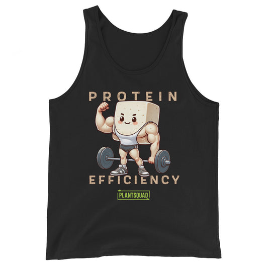 The Plantsquad Tofu "Protein Efficiency" - Unisex Tank Top features a graphic of a cartoon tofu block lifting a barbell. The tofu, dressed in a weightlifting singlet and sneakers, flexes its muscles. Perfect for gym enthusiasts embracing a plant-based lifestyle, the text reads "PROTEIN EFFICIENCY" and "PLANTSQUAD," and the breathable fabric ensures comfort.