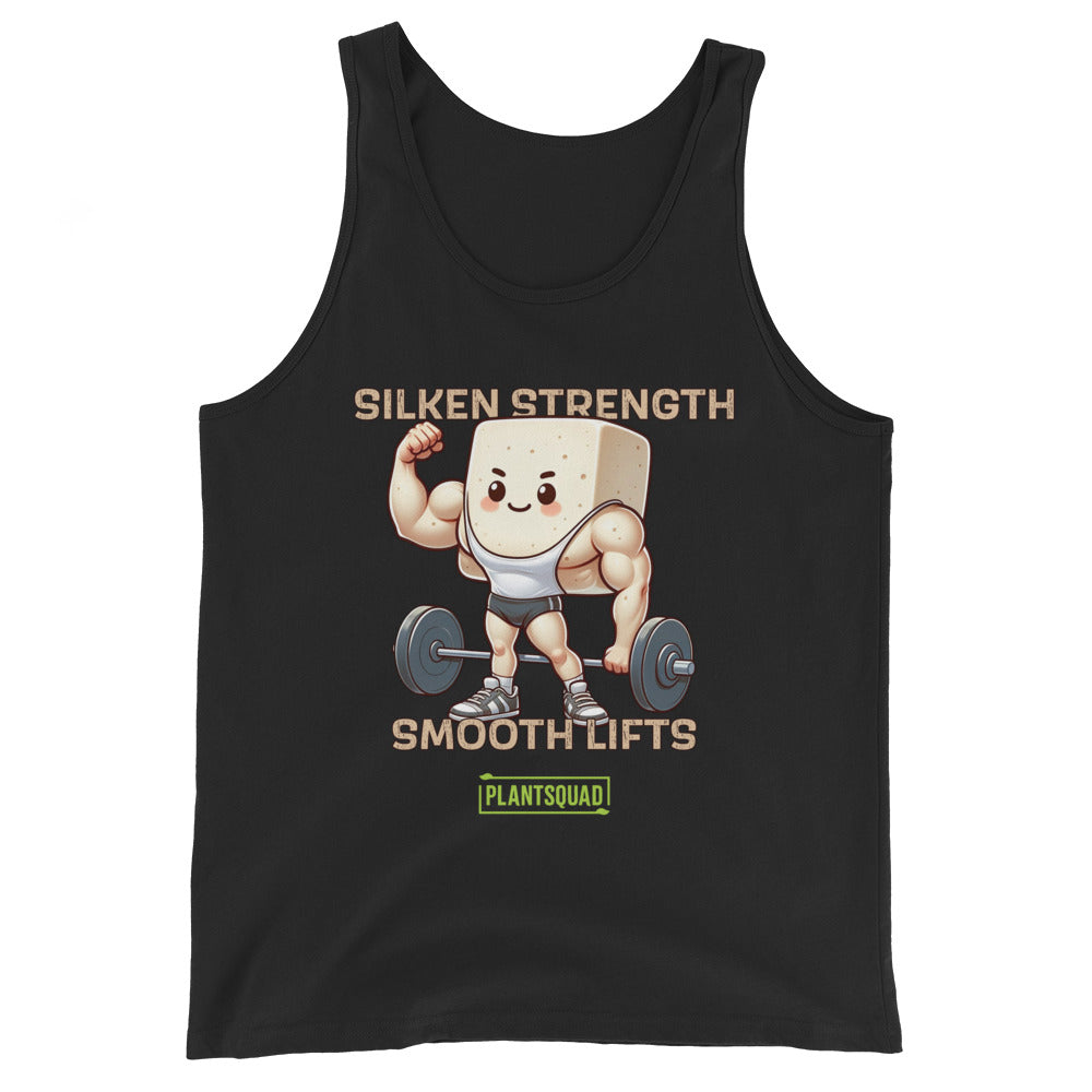 A black Plantsquad Tofu "Silken Strength Smooth Lifts" - Unisex Tank Top featuring a cartoon illustration of a muscular tofu block lifting a barbell. The text above reads "SILKEN STRENGTH," and below it says "SMOOTH LIFTS." Crafted from premium breathable fabric, this tank also has a small green logo with the text "PLANTSQUAD" for your vegan lifestyle.