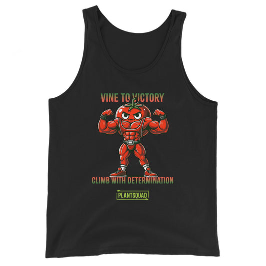 The Plantsquad Tomato "Vine To Victory Climb With Determination" - Unisex Tank Top features a cartoon illustration of a muscular tomato flexing its biceps. Above the tomato, green text reads "Vine to Victory." Below, red text says "Climb with Determination" with the "PlantSquad" logo at the bottom. Crafted from breathable fabric, it's perfect for gym enthusiasts and those embracing a vegan lifestyle.