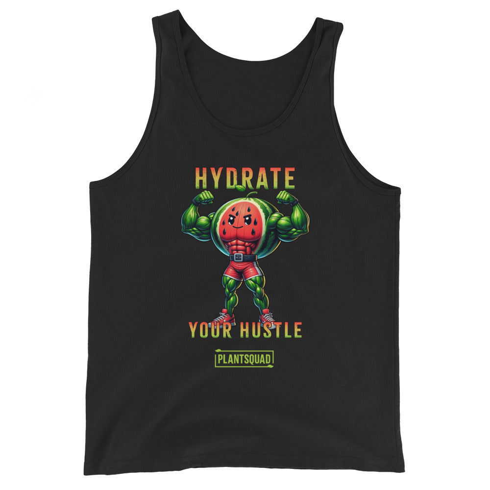 A Plantsquad Watermelon "Hydrate Your Hustle" - Unisex Tank Top featuring a muscular cartoon watermelon character flexing its arms. Text above the character reads "HYDRATE" and below it reads "YOUR HUSTLE" in bold letters. The breathable fabric ensures comfort, while the bottom displays the logo "PLANTSQUAD," perfect for a vegan lifestyle.