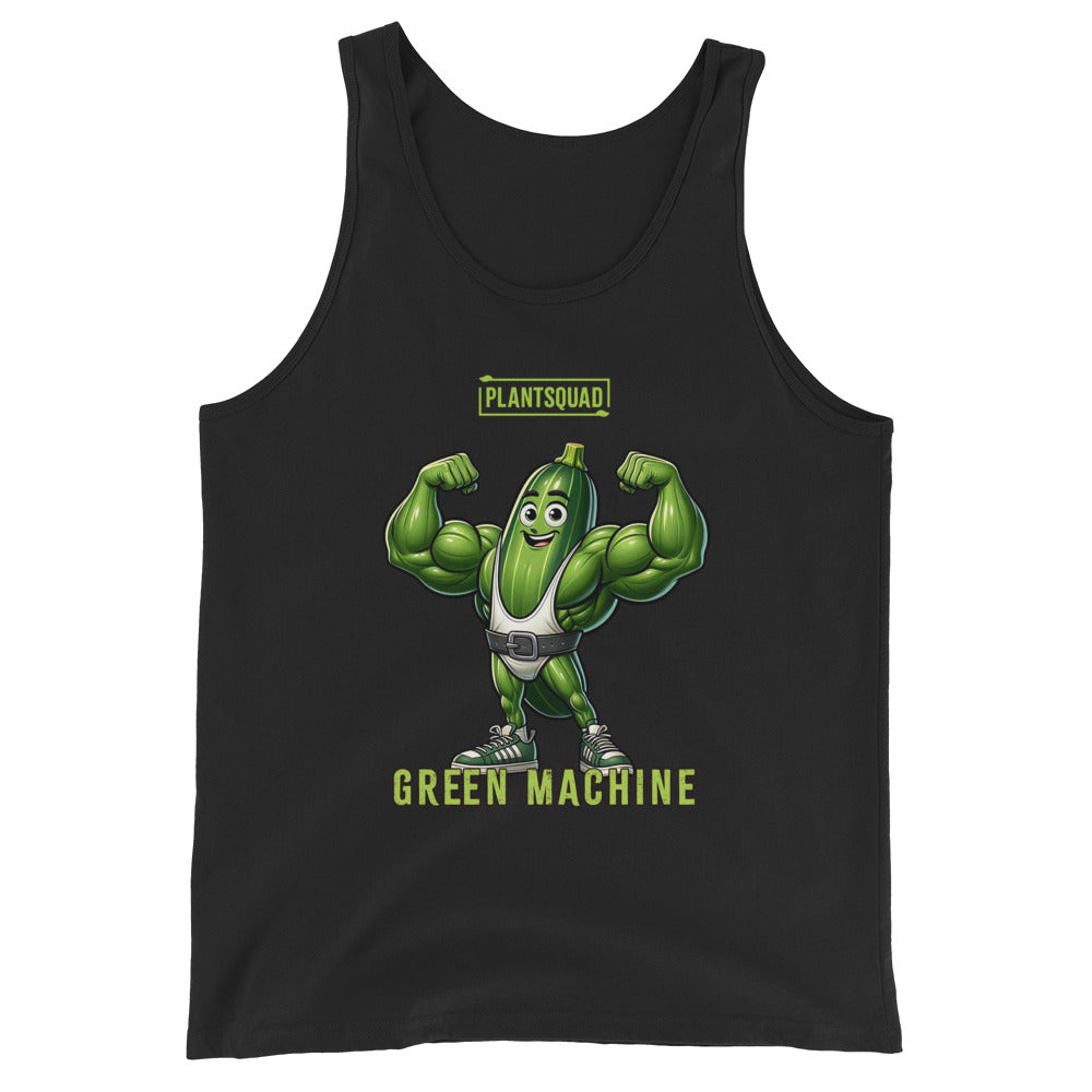 A black Plantsquad Zucchini "Green Machine" - Unisex Tank Top features a cartoon image of a muscular green vegetable character flexing its arms. Above the character, the text "PLANTSQUAD" is written, and below it, "GREEN MACHINE" is displayed. The character has a smiling face, sneakers, and a belt, perfect for promoting your plant-based lifestyle.