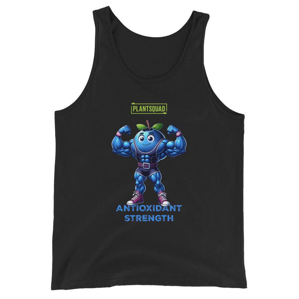 A black **Plantsquad Blueberry "Antioxidant Strength" - Unisex Tank Top** featuring a muscly blueberry cartoon flexing its arms. Above the blueberry, the word "Plantsquad" is displayed in a green box. Below the character, the words "Antioxidant Strength" are written in blue. Perfect for embracing a vegan lifestyle with premium breathable fabric for ultimate comfort.