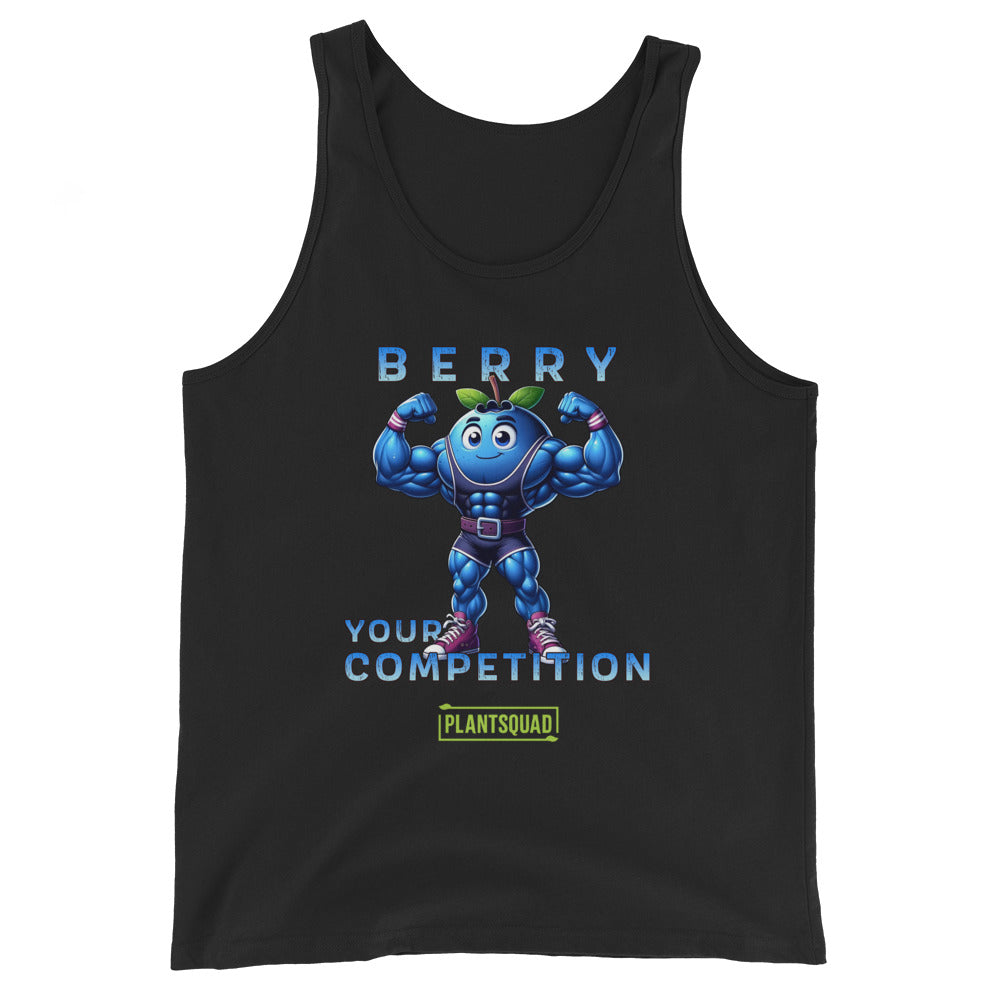 The Plantsquad Blueberry "Berry Your Competition" - Unisex Tank Top for gym enthusiasts features a muscular cartoon blueberry character flexing its arms. Above the character, text reads "BERRY," and below the character, text reads "YOUR COMPETITION." Made from breathable fabric, it also includes a green and yellow "PLANTSQUAD" logo at the bottom.