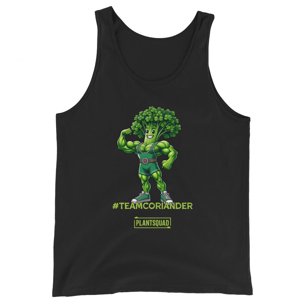 The Plantsquad Coriander "Team Coriander" - Unisex Tank Top showcases a muscular cartoon broccoli flexing its bicep, perfect for gym enthusiasts. Below the character, the text "#TeamCoriander" stands out, while "PlantSquad" is displayed inside a rectangle. Ideal for those embracing a vegan lifestyle.