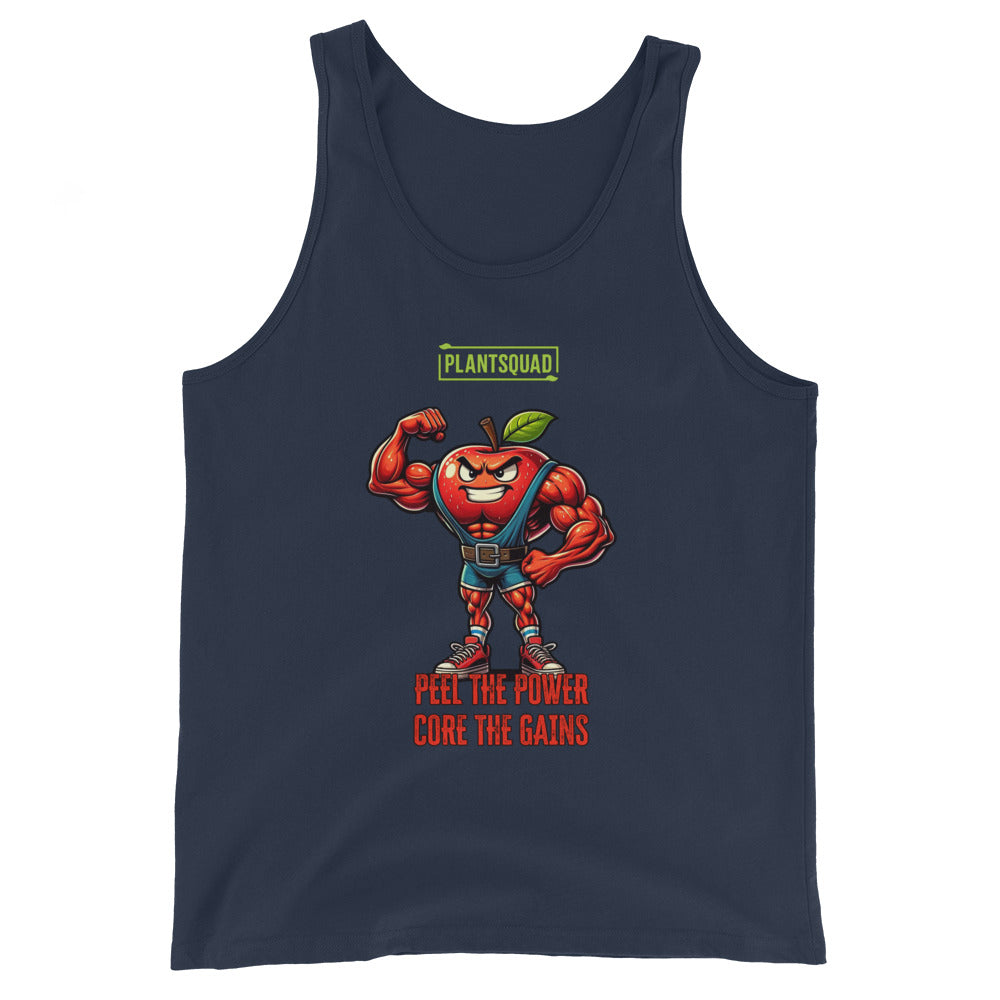 The Plantsquad Apple "Peel The Power Core The Gains" - Unisex Tank Top features a muscular anthropomorphic red apple character flexing its arm. Above it, the text reads "PLANTSQUAD," and below, "PEEL THE POWER, CORE THE GAINS" in bold letters. The apple character wears a weightlifting belt and sneakers, making it perfect for gym enthusiasts who prefer breathable fabric and a vegan lifestyle.