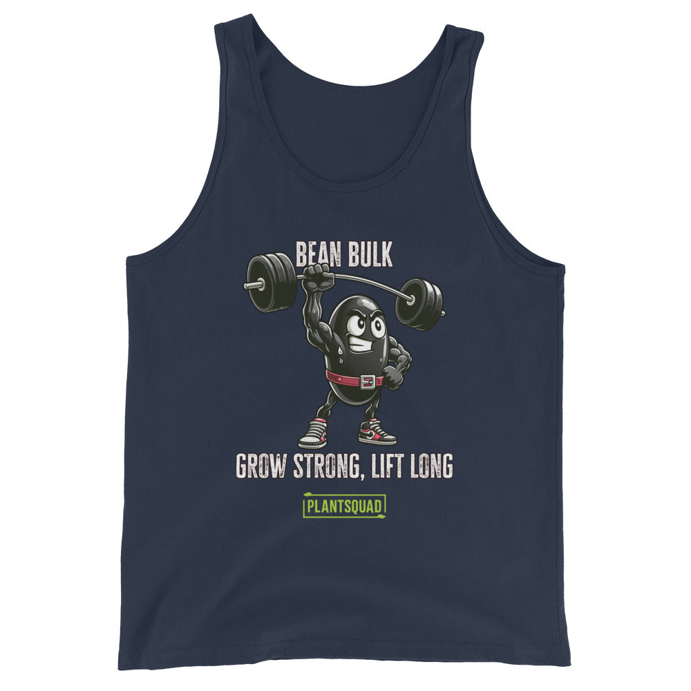 The Plantsquad Black Bean "Bean Bulk Grow Strong Lift Long" - Unisex Tank Top features a cartoon bean character lifting a barbell with the text "BEAN BULK" above and "GROW STRONG, LIFT LONG" below. Perfect for gym enthusiasts embracing a plant-based lifestyle, it has the logo "PLANTSQUAD" in green at the bottom. The bean wears red gloves, a red belt, and red shoes.