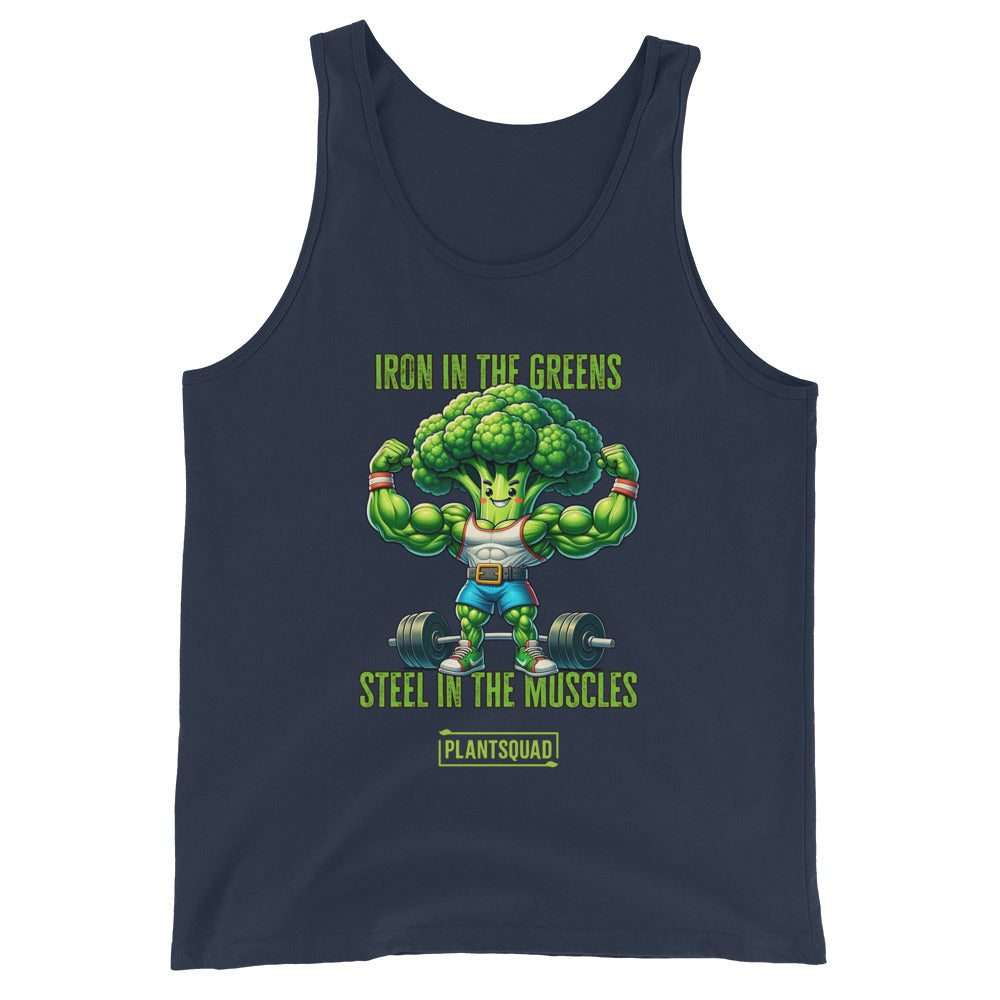 The Plantsquad Broccoli "Iron In The Greens Steel In The Muscles" - Unisex Tank Top features an illustration of a muscular broccoli character lifting weights. The text above reads "Iron in the Greens" and below reads "Steel in the Muscles" with "Plantsquad" at the bottom—perfect for gym enthusiasts embracing a plant-based lifestyle.