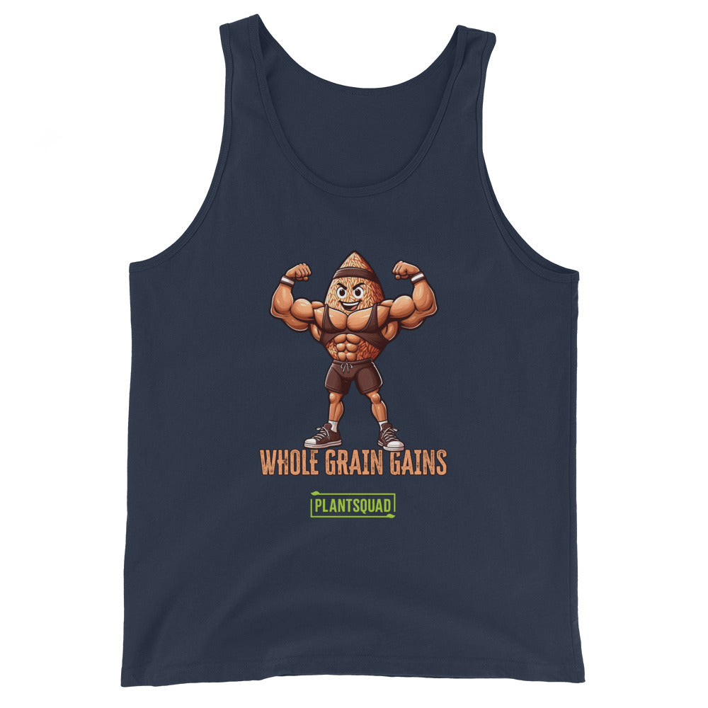 A black tank top features an illustration of a muscular, anthropomorphic grain of wheat flexing its biceps. Below the image, text reads "WHOLE GRAIN GAINS" in orange with the logo "PLANTSQUAD" in green underneath. Perfect for a plant-based lifestyle or as part of your vegan gym clothing collection, this is the Plantsquad Brown Rice "Whole Grain Gains" - Unisex Tank Top.