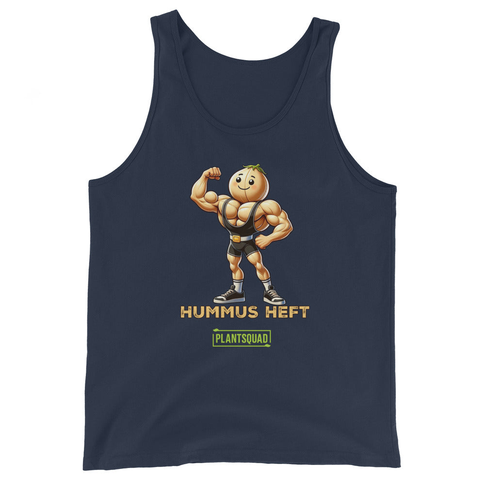 A black tank top made from breathable fabric, featuring an illustration of a muscular chickpea character flexing its arm, with the text "Hummus Heft" and a small green label reading "PlantSquad," perfect for a vegan workout tank top that celebrates the plant-based lifestyle can be replaced with Plantsquad Chickpea "Hummus Heft" - Unisex Tank Top.