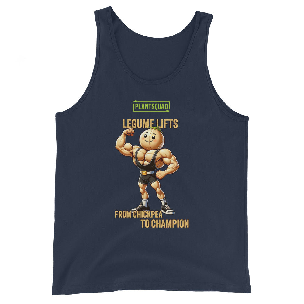 A Plantsquad Chickpea "Legume Lifts" - Unisex Tank Top with a cartoon image of a muscular chickpea flexing its biceps. The text above reads "PLANTSQUAD," and below the image, "LEGUME LIFTS - FROM CHICKPEA TO CHAMPION." Perfect for gym enthusiasts embracing the vegan lifestyle.