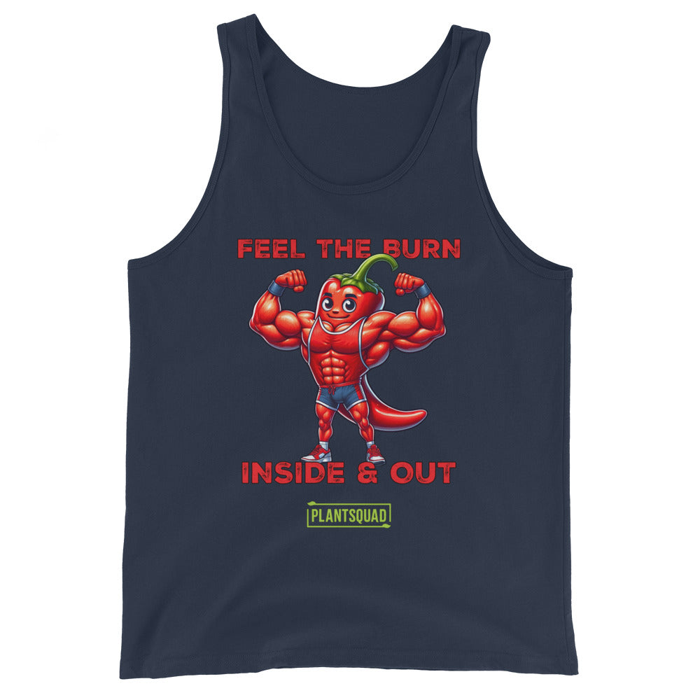 A black vegan tank top featuring a cartoon image of a muscular chili pepper flexing its biceps. The text above the image reads "FEEL THE BURN," and below it, "INSIDE & OUT." Crafted from premium breathable fabric, this Plantsquad Chilli "Feel The Burn Inside & Out" - Unisex Tank Top displays “PLANTSQUAD” at the bottom, perfect for showcasing your workout potential.