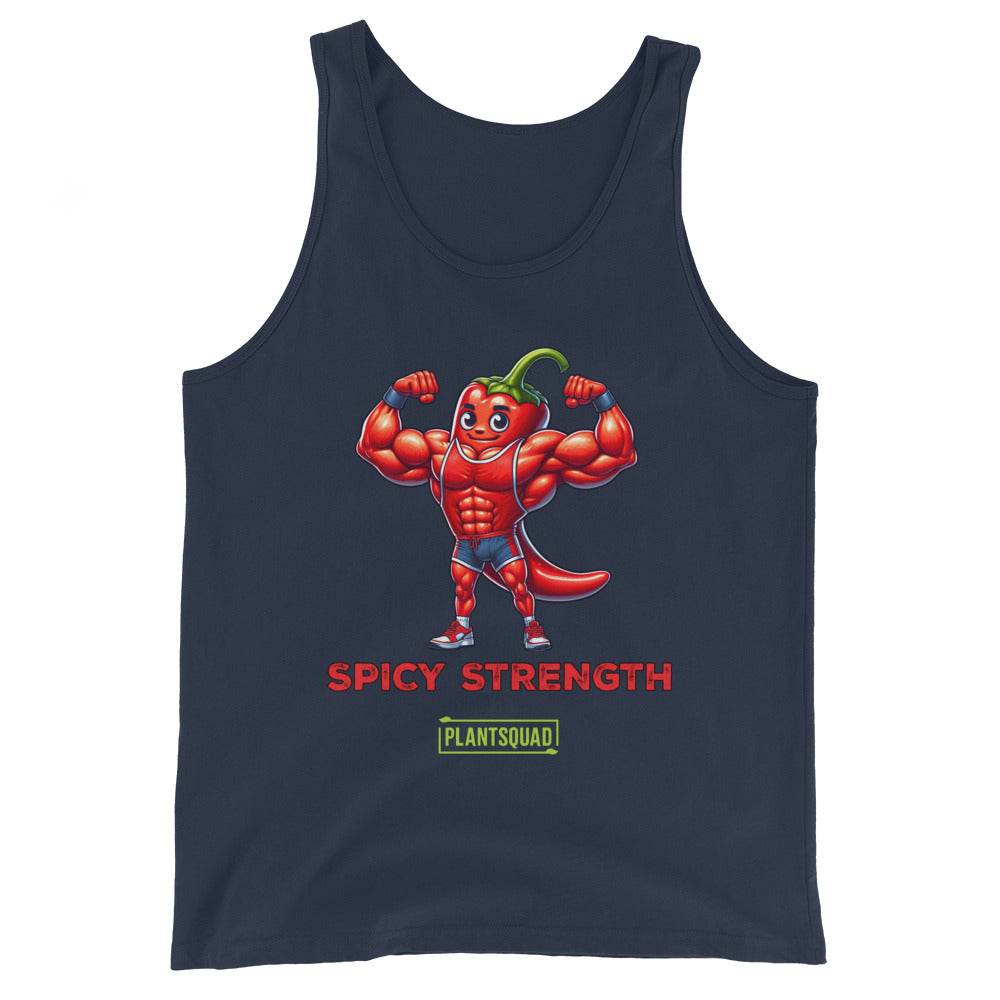 A black Plantsquad Chilli "Spicy Strength" - Unisex Tank Top featuring a muscular cartoon chili pepper flexing its biceps. Beneath the pepper, the text reads "SPICY STRENGTH" in red, with a green label below it that says "PLANTSQUAD." Ideal for gym enthusiasts and those embracing a plant-based lifestyle.