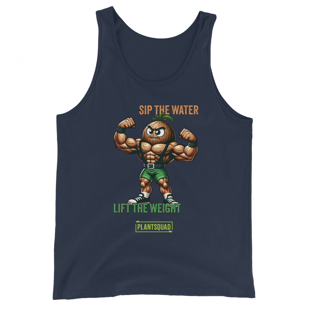 A black Plantsquad Coconut "Sip The Water Lift The Weight" - Unisex Tank Top featuring a muscular cartoon broccoli flexing its biceps. It has the text "SIP THE WATER" in orange, "LIFT THE WEIGHT" in green, and "PLANTSQUAD" in a green box at the bottom. Perfect for gym enthusiasts embracing a plant-based lifestyle.