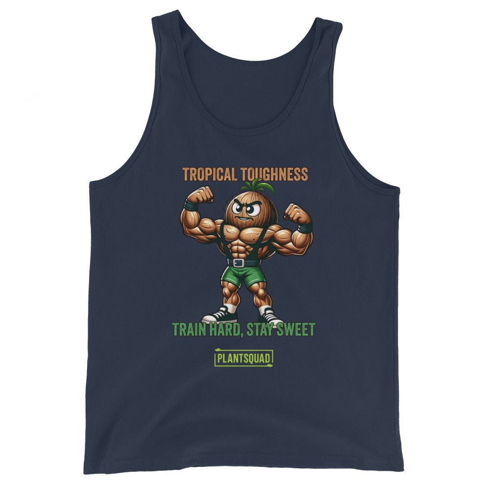 Sure, here's the sentence with the product name replaced:

The Plantsquad Coconut "Tropical Toughness Train Hard Stay Sweet" - Unisex Tank Top is a black sleeveless tank top featuring an illustration of a muscular anthropomorphic pineapple flexing its biceps. The text "Tropical Toughness" is written above the pineapple, and "Train Hard, Stay Sweet" along with "Plant Squad" is written below it—perfect vegan gym wear for a plant-based lifestyle.