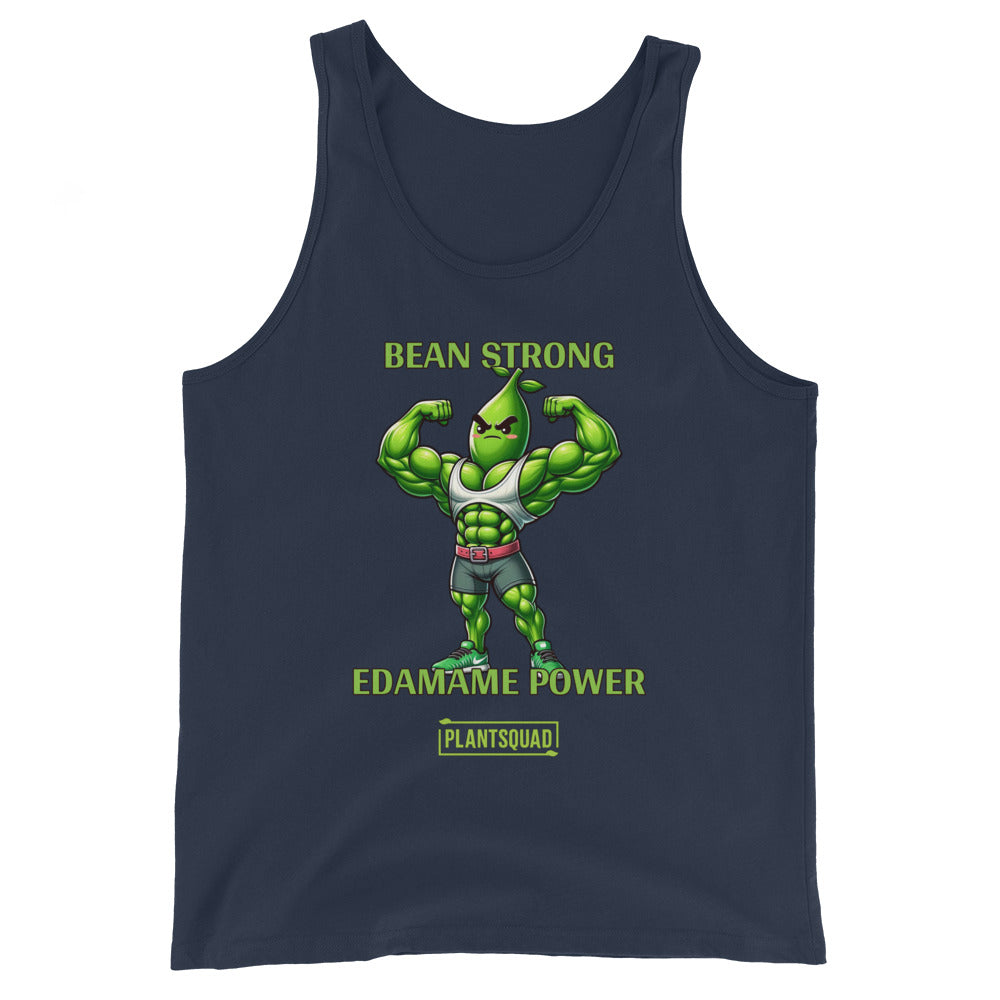 A black Plantsquad Edamame "Bean Strong Edamame Power" - Unisex Tank Top featuring an illustration of an anthropomorphic edamame bean flexing its arm muscles, perfect for gym enthusiasts. Above it in green text, it says "BEAN STRONG," and below it, "EDAMAME POWER." At the bottom, there is a green logo with the text "PLANTSQUAD." Embrace the vegan lifestyle!