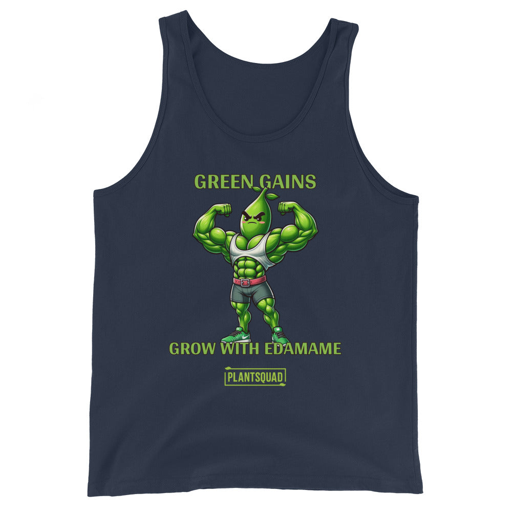 A black tank top showcases a muscly edamame bean character flexing, with the text "GREEN GAINS GROW WITH EDAMAME" above and below it, perfect for those embracing a plant-based lifestyle. Plantsquad Edamame "Green Gains Grow With Edamame" - Unisex Tank Top is marked at the bottom on a yellow tag.