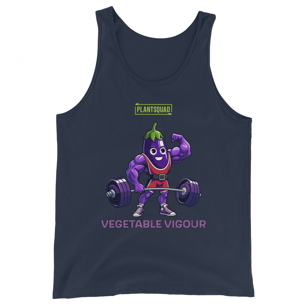 Black vegan tank top featuring a muscular, purple cartoon eggplant character lifting heavy barbells. The eggplant is smiling and flexing one arm. Perfect for gym enthusiasts with a plant-based lifestyle, this top has "PLANT SQUAD" above the character and "VEGETABLE VIGOUR" below in bold text. Introducing the Plantsquad Eggplant "Vegetable Vigour" - Unisex Tank Top.