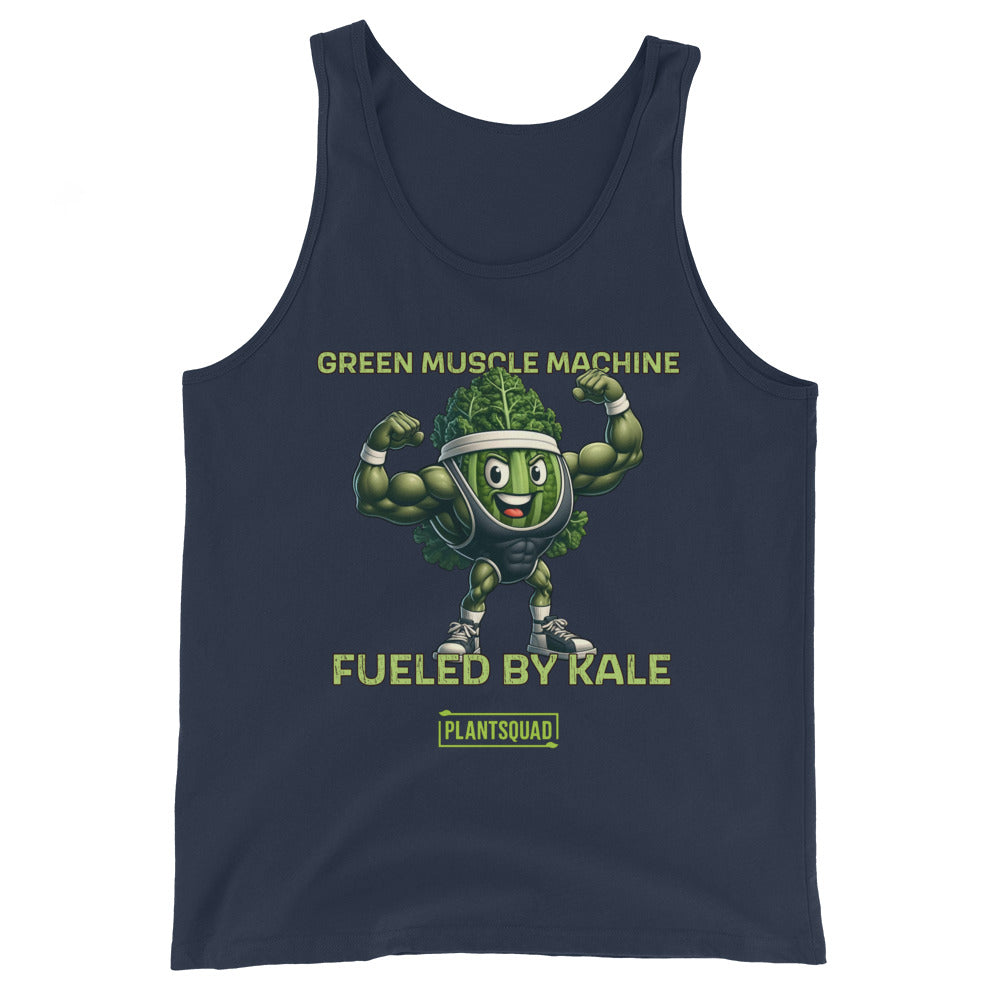 The Plantsquad Kale "Green Muscle Machine Fueled By Kale" - Unisex Tank Top features a muscly kale cartoon flexing its biceps. Above the graphic, the text reads "GREEN MUSCLE MACHINE," and below it, "FUELED BY KALE." At the bottom, the word "PLANTSQUAD" appears in a green banner. Perfect for vegan gym enthusiasts embracing a plant-based lifestyle.