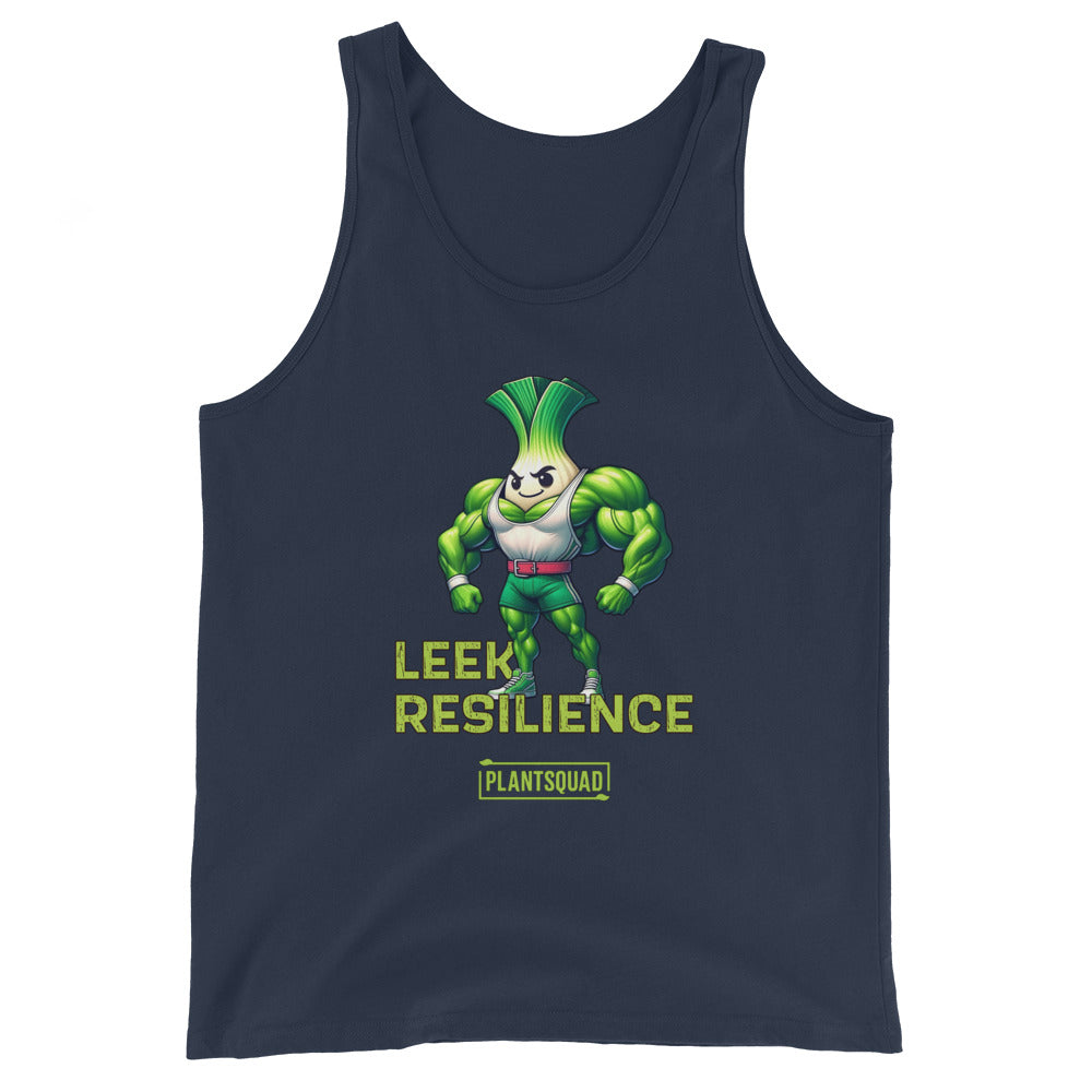 A Plantsquad Leek "Leek Resilience" - Unisex Tank Top featuring a muscular cartoon leek character. The text "LEEK RESILIENCE" is written in green below the character, and "PLANTSQUAD" is written at the bottom. Ideal for gym enthusiasts embracing a plant-based lifestyle, the leek has a determined expression and is flexing its arms.