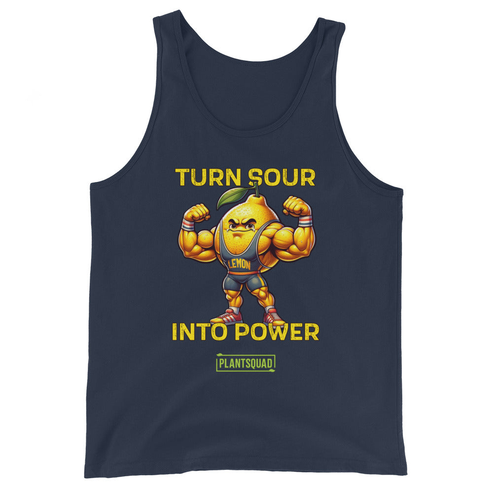 Black tank top with a muscular cartoon lemon flexing its arms. The lemon has a leaf on its head and is wearing a blue singlet labeled "LEMON." The text reads: "TURN SOUR INTO POWER," with a logo at the bottom reading "PLANTSQUAD." Perfect breathable workout tank for your plant-based lifestyle. Introducing the Plantsquad Lemon "Turn Sour Into Power" - Unisex Tank Top.