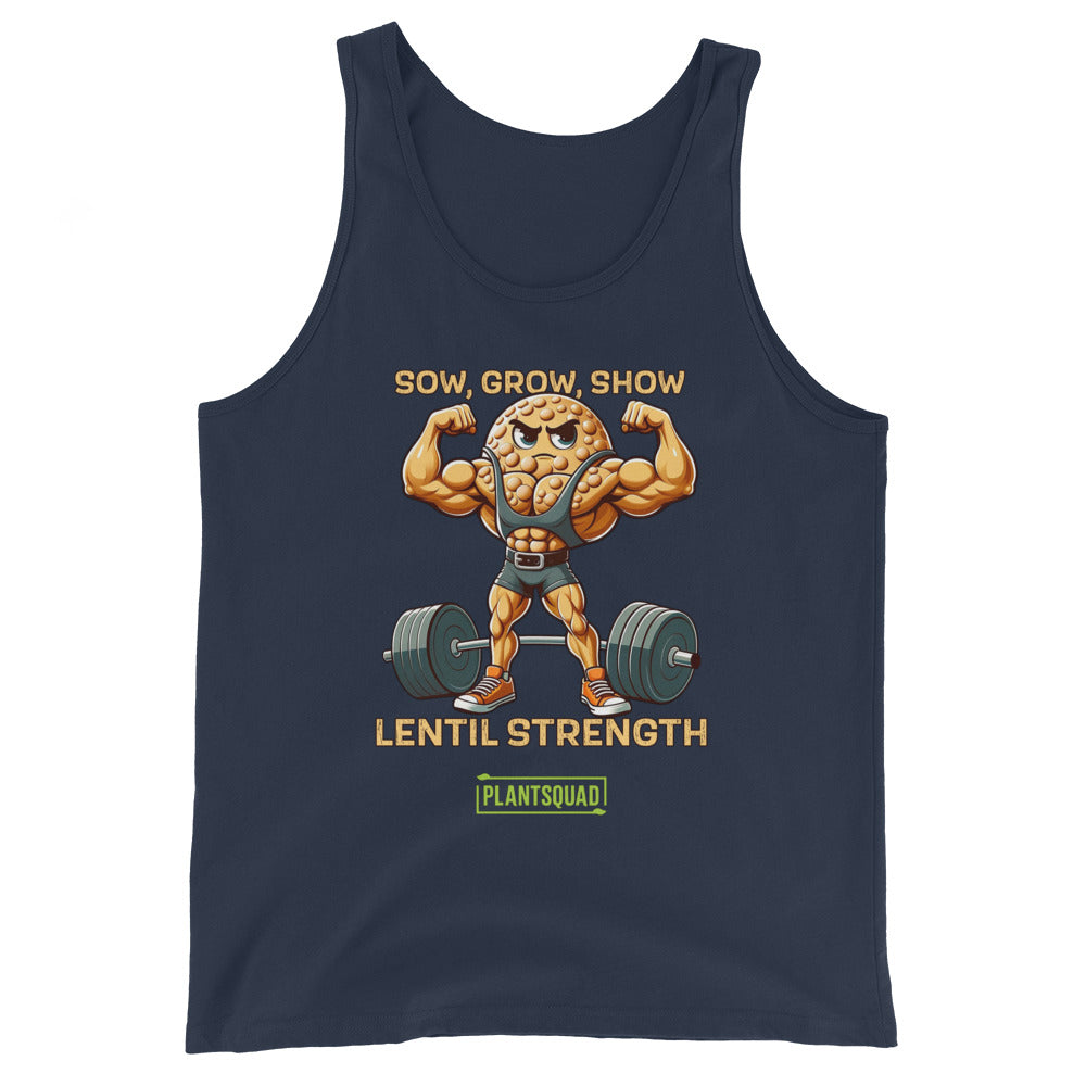 A black Plantsquad Lentil "Sow Grow Show Lentil Strength" - Unisex Tank Top featuring a cartoon lentil character with muscular arms lifting a barbell. The text above reads "Sow, Grow, Show" and below, "Lentil Strength." At the bottom, there's a green PLANTSQUAD logo. Perfect for those embracing a vegan lifestyle.