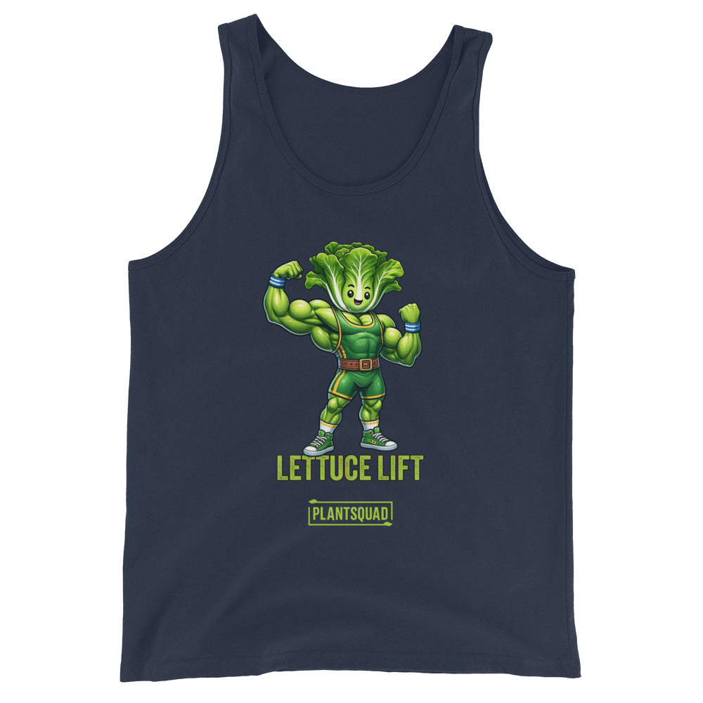 A Plantsquad Lettuce "Lettuce Lift" - Unisex Tank Top featuring a muscular cartoon lettuce character flexing its arms. Below the character, the text reads "LETTUCE LIFT" and "PLANTSQUAD" in green letters, perfect for showcasing your plant-based lifestyle and dedication to vegan gym apparel.