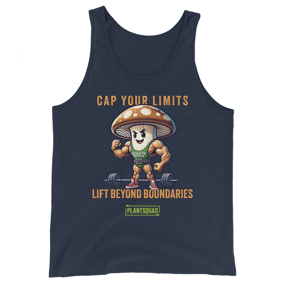 A Plantsquad Mushroom "Cap Your Limits Lift Beyond Boundaries" - Unisex Tank Top featuring a muscly mushroom design, lifting a barbell. The text reads, "CAP YOUR LIMITS LIFT BEYOND BOUNDARIES" at the top and "PLANTSQUAD" at the bottom. The vegan lifestyle-inspired mushroom wears a green shirt labeled "ATHLETIC.