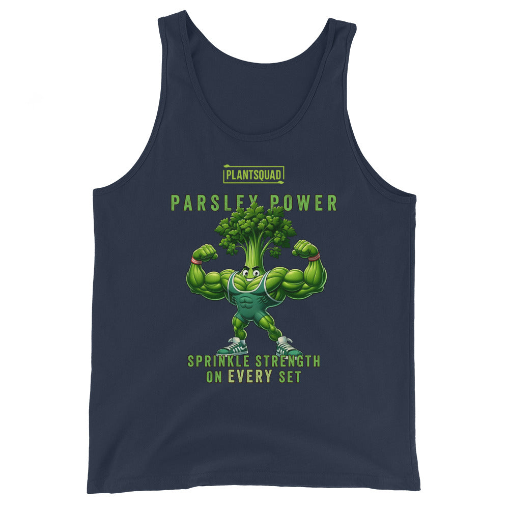 A black tank top features an illustration of a muscular anthropomorphic parsley plant flexing its biceps. Above the character, text reads "PLANTSQUAD PARSLEY POWER," and below it, the text says "SPRINKLE STRENGTH ON EVERY SET." Perfect for gym enthusiasts embracing a plant-based lifestyle, the Plantsquad Parsley "Parsley Power Sprinkle Strength On Every Set" - Unisex Tank Top is a must-have.