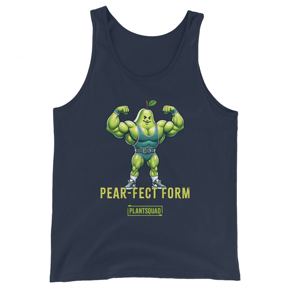 A Plantsquad Pear "Pear-fect Form" - Unisex Tank Top featuring a muscly pear cartoon flexing its arms. The text below the pear reads "PEAR-FECT FORM" with a small "PLANTSQUAD" logo underneath, making it perfect for gym enthusiasts embracing a plant-based lifestyle.