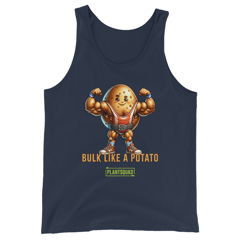 A black gym tank top features a muscular, cartoon potato lifting weights. The text below the potato reads, "BULK LIKE A POTATO," and underneath, "PLANTSQUAD" is written in green. This Plantsquad Potato "Bulk Like A Potato" - Unisex Tank Top is perfect for plant-based fitness enthusiasts.