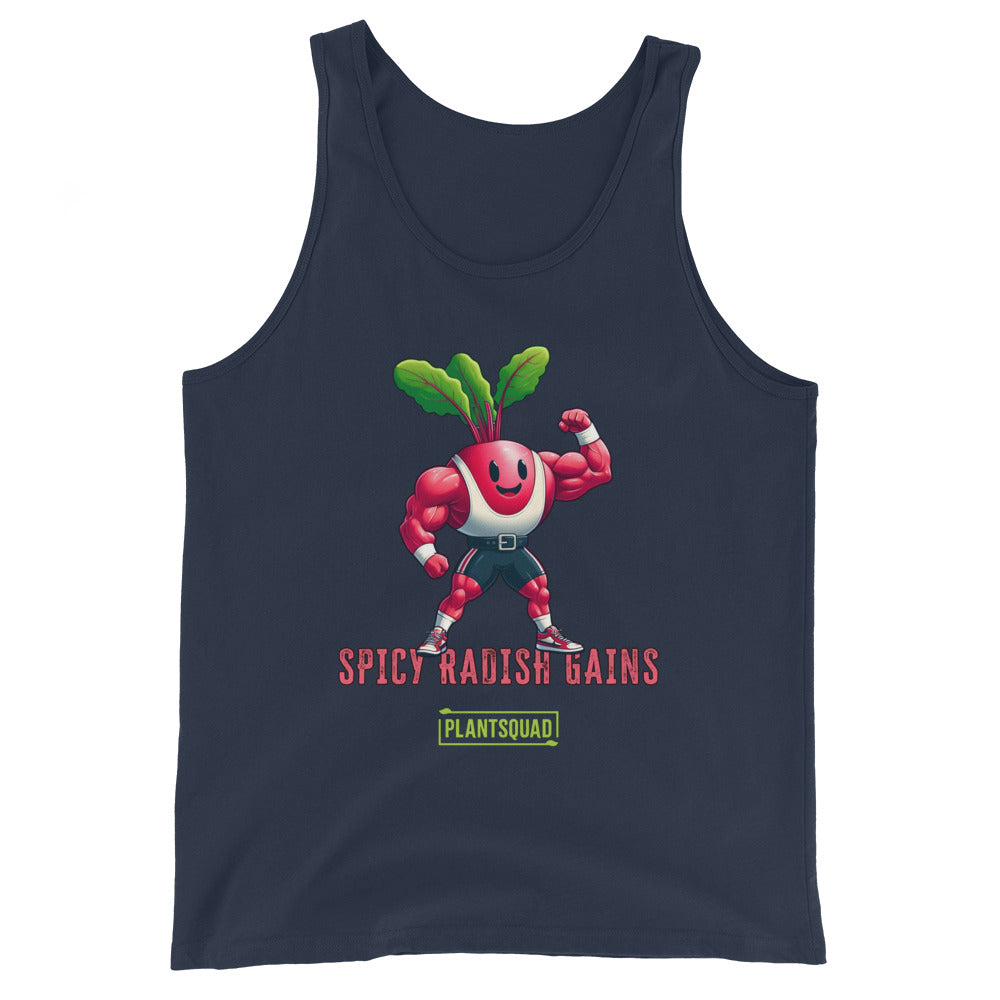 A black tank top featuring a cartoon radish character with muscular arms flexing, smiling, and wearing sneakers. The text "SPICY RADISH GAINS" is printed below the character, celebrating a plant-based lifestyle with "PLANTSQUAD" in a green box beneath the main text. Perfect vegan gym wear! Introducing the Plantsquad Radish "Spicy Radish Gains" - Unisex Tank Top.