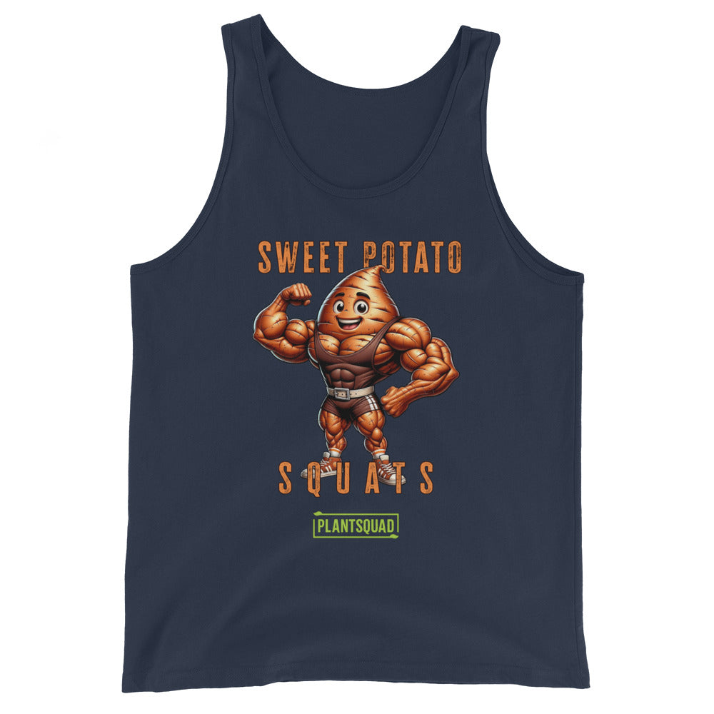 The Plantsquad Sweet Potato "Sweet Potato Squats" - Unisex Tank Top is a black vegan gym tank top featuring an illustration of a muscular anthropomorphic sweet potato flexing its arms. Above it, the text says "Sweet Potato Squats" and below it, a small green banner says "PlantSquad." Perfect for showcasing your plant-based lifestyle at the gym!