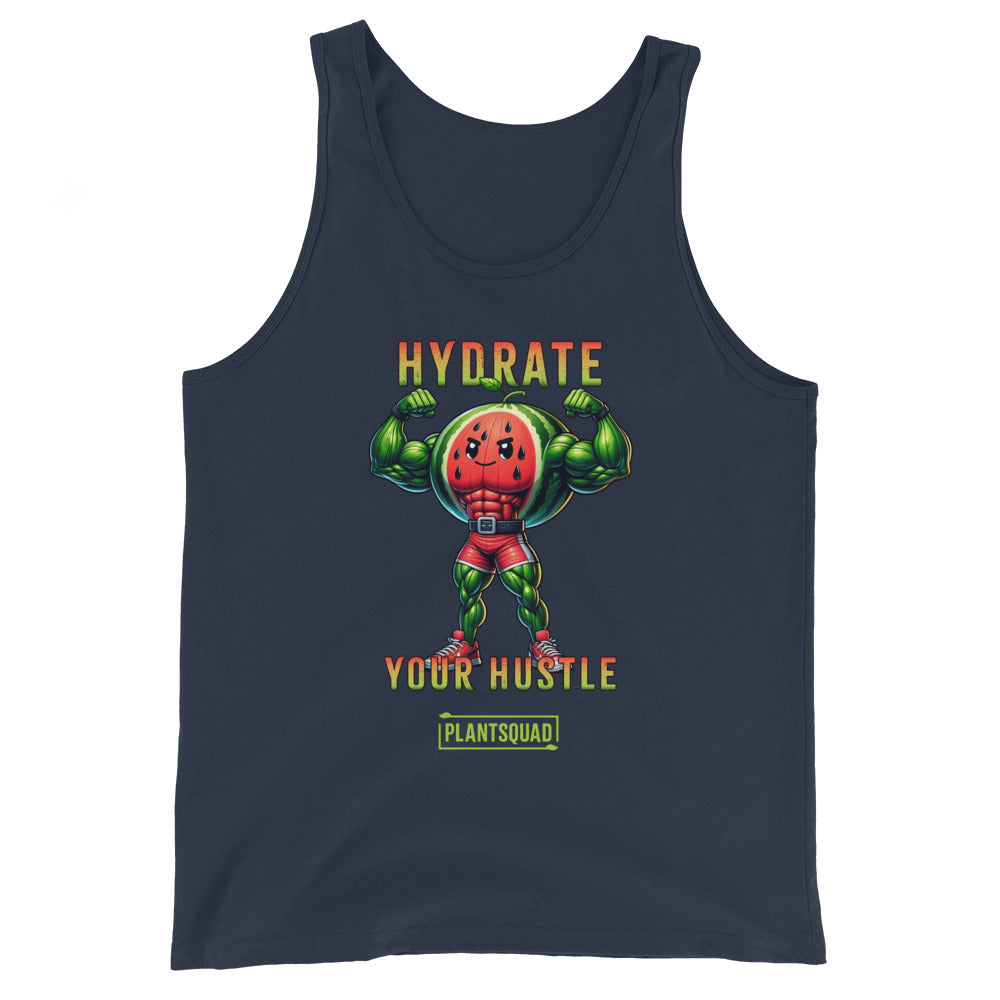 A Plantsquad Watermelon "Hydrate Your Hustle" - Unisex Tank Top featuring a muscular cartoon watermelon character flexing its arms. Text above the character reads "HYDRATE" and below it reads "YOUR HUSTLE" in bold letters. The breathable fabric ensures comfort, while the bottom displays the logo "PLANTSQUAD," perfect for a vegan lifestyle.