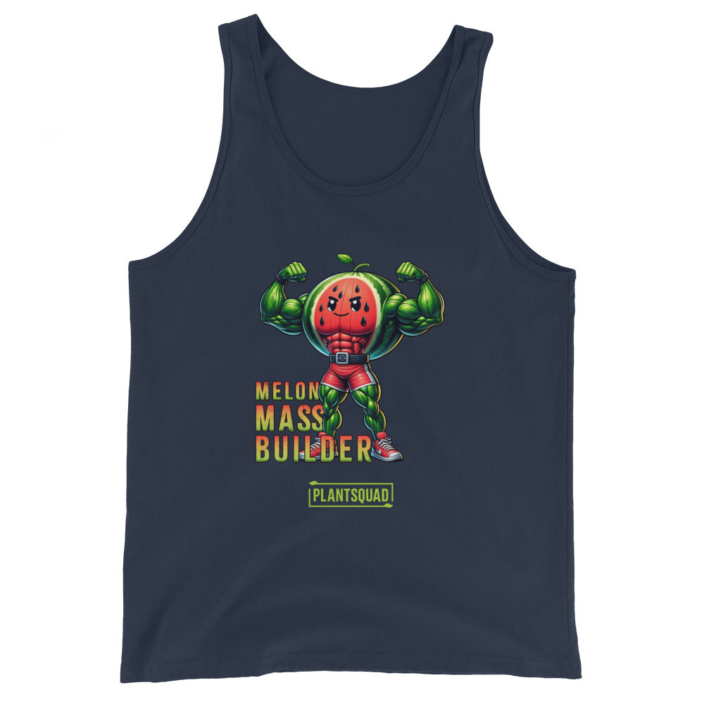 A Plantsquad Watermelon "Melon Mass Builder" - Unisex Tank Top featuring a graphic of a muscular watermelon character flexing its biceps. The text "Melon Mass Builder" and "Plant Squad" are displayed in stylized fonts near the character, making it an ideal piece of plant based workout apparel.