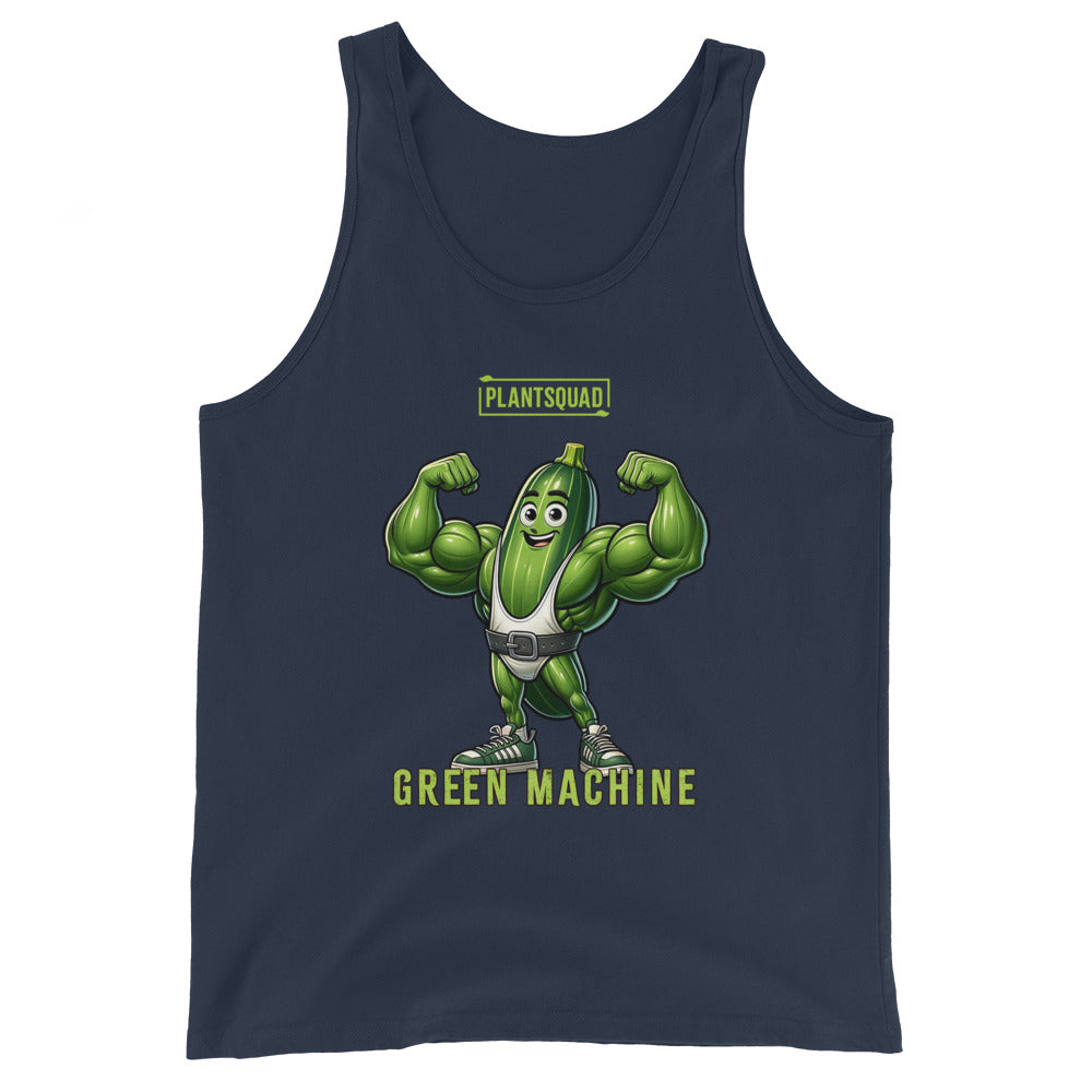 A black Plantsquad Zucchini "Green Machine" - Unisex Tank Top features a cartoon image of a muscular green vegetable character flexing its arms. Above the character, the text "PLANTSQUAD" is written, and below it, "GREEN MACHINE" is displayed. The character has a smiling face, sneakers, and a belt, perfect for promoting your plant-based lifestyle.