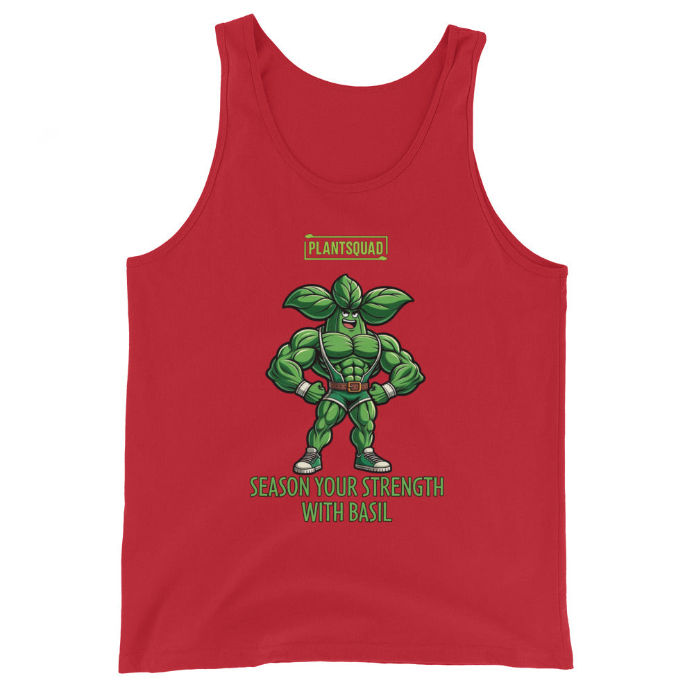 A black, plant-based tank top featuring a muscular, anthropomorphic basil plant character flexing its muscles. Above the character, text reads "PLANTSQUAD," and below it says "Season Your Strength with Basil." Perfect for those seeking vegan gym clothes or breathable workout apparel, this is the Plantsquad Basil "Season Your Strength With Basil" - Unisex Tank Top.