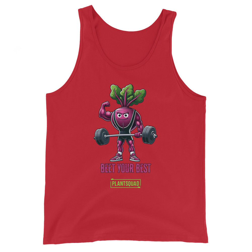 The Plantsquad Beetroot "Beet Your Best" - Unisex Tank Top features an illustration of a muscular beetroot character lifting a barbell. The text below the character reads "BEET YOUR BEST" in red and "PLANTSQUAD" in green. Perfect for gym enthusiasts embracing a plant-based lifestyle.