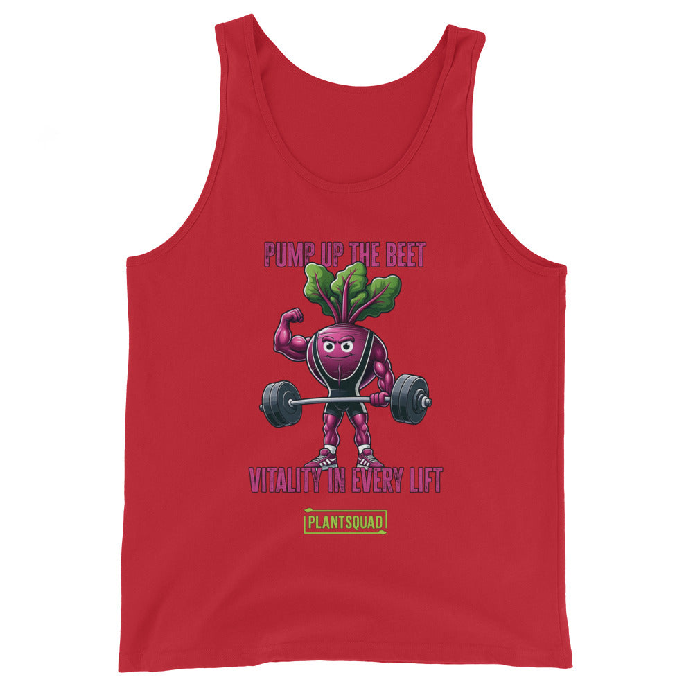 A black tank top featuring a muscular cartoon beet lifting a barbell. Text above the beet reads "PUMP UP THE BEET," and text below reads "VITALITY IN EVERY LIFT." Crafted from breathable fabric, it's perfect for gym enthusiasts embracing a vegan lifestyle. The "PLANTSQUAD" logo is at the bottom. The beet has green leaves for hair.

Product Name: Plantsquad Beetroot "Pump Up The Beet Vitality In Every Lift" - Unisex Tank Top