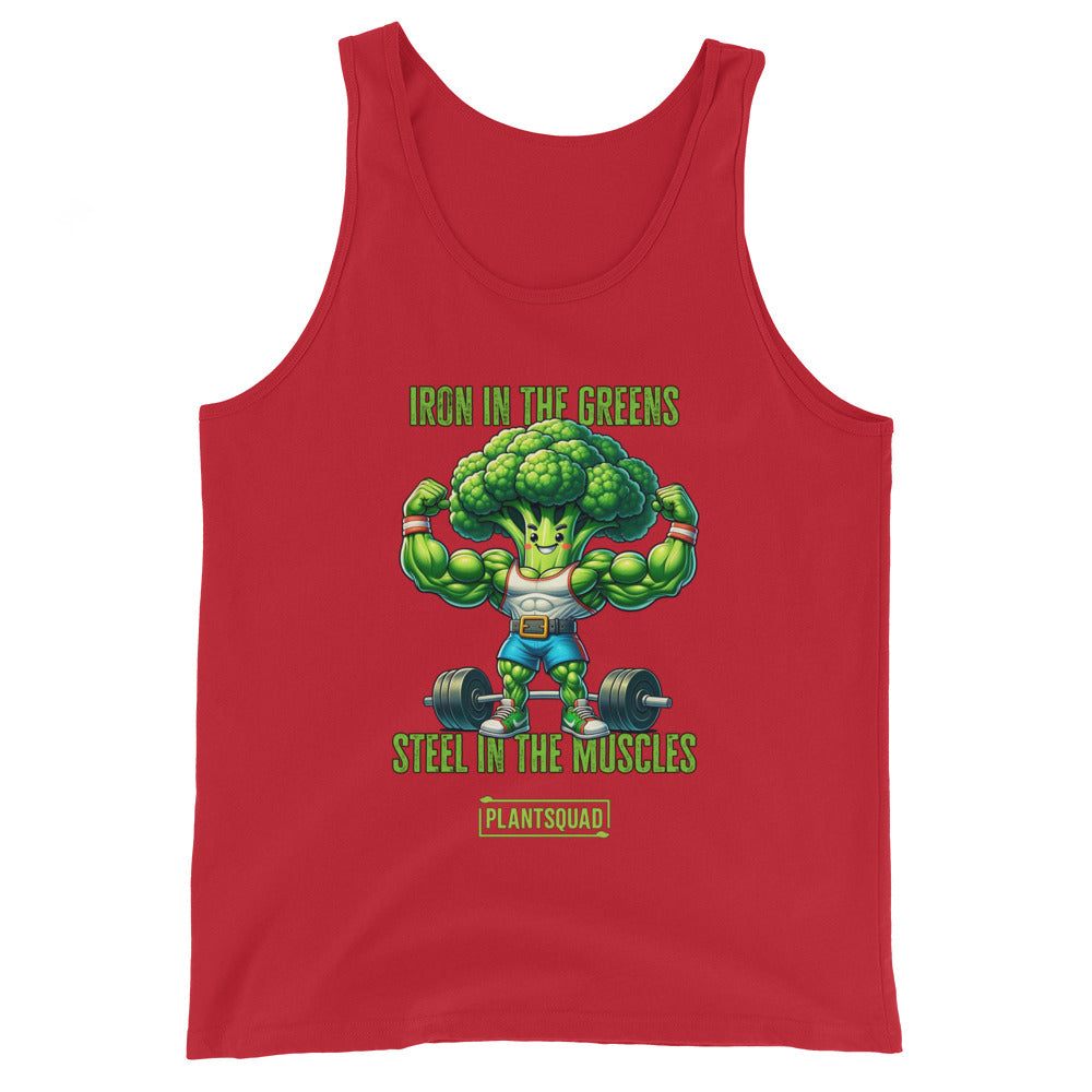 The Plantsquad Broccoli "Iron In The Greens Steel In The Muscles" - Unisex Tank Top features an illustration of a muscular broccoli character lifting weights. The text above reads "Iron in the Greens" and below reads "Steel in the Muscles" with "Plantsquad" at the bottom—perfect for gym enthusiasts embracing a plant-based lifestyle.