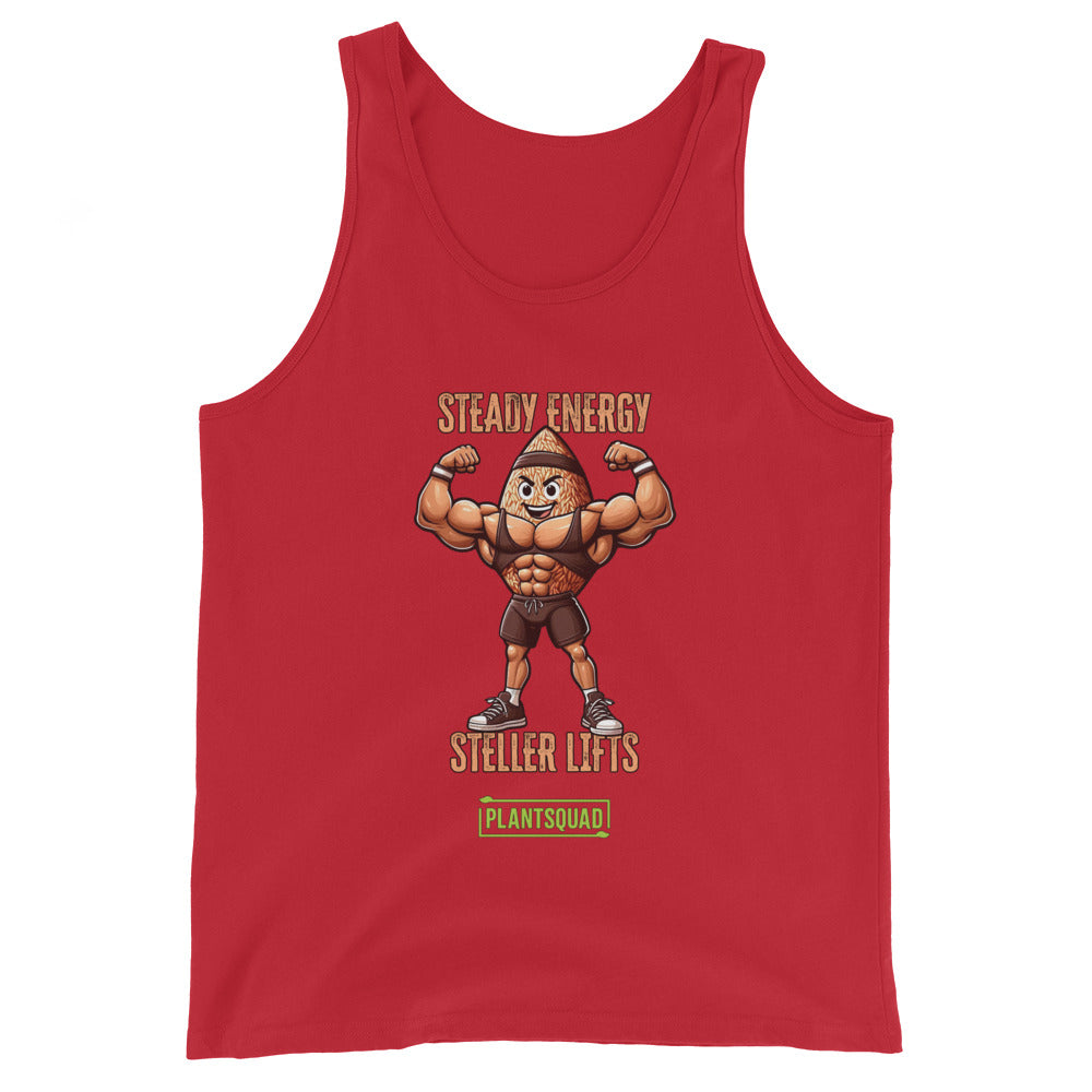 A Plantsquad Brown Rice "Steady Energy Steller Lifts" - Unisex Tank Top featuring a cartoon nut character flexing muscles. Above the character, the text reads "STEADY ENERGY." Below, it says "STELLER LIFTS." At the bottom, there's a green rectangle with the word "PLANTSQUAD," perfect for a plant-based lifestyle.