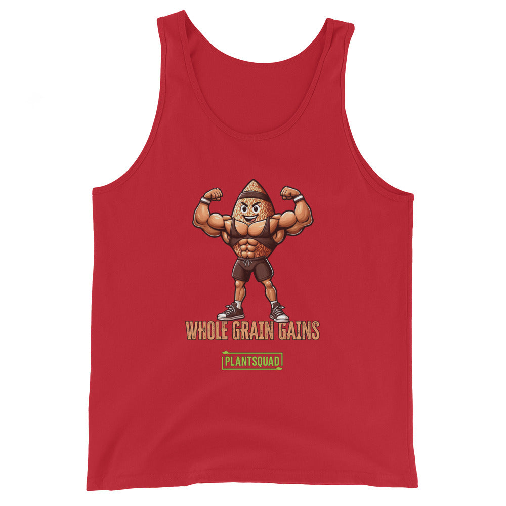 A black tank top features an illustration of a muscular, anthropomorphic grain of wheat flexing its biceps. Below the image, text reads "WHOLE GRAIN GAINS" in orange with the logo "PLANTSQUAD" in green underneath. Perfect for a plant-based lifestyle or as part of your vegan gym clothing collection, this is the Plantsquad Brown Rice "Whole Grain Gains" - Unisex Tank Top.