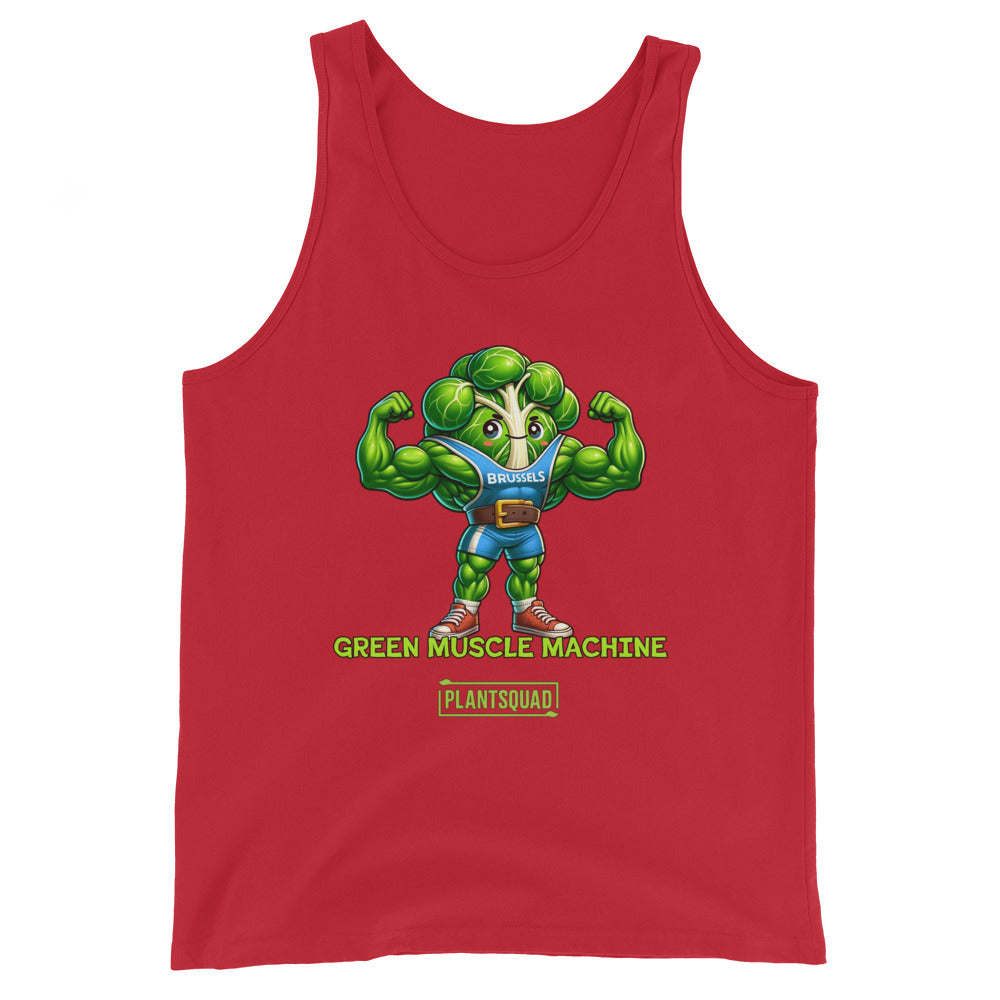 The Plantsquad Brussel Sprout "Green Muscle Machine" - Unisex Tank Top features a muscular, anthropomorphic Brussels sprout character flexing its arms. The character wears a blue shirt with "Brussels" on it. Below, the text reads "GREEN MUSCLE MACHINE" and "PLANTSQUAD." Perfect for gym enthusiasts who embrace the vegan lifestyle.