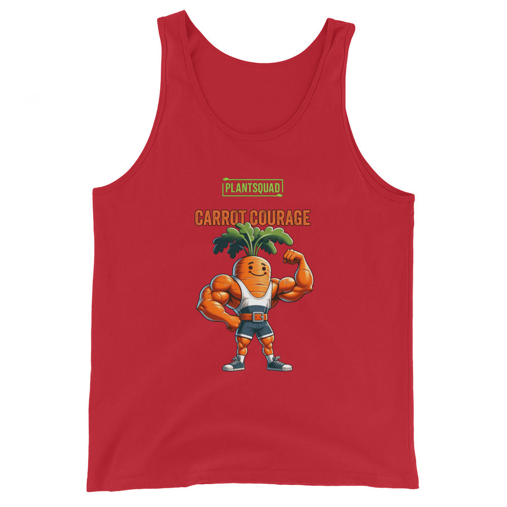 A black tank top featuring a muscular cartoon carrot with leafy green hair flexing its biceps. Above the carrot, “PLANTSQUAD” is written in green text, and below, “CARROT COURAGE” is in orange text. Perfect for gym enthusiasts embracing a vegan lifestyle, it's made from breathable fabric for maximum comfort. Introducing the Plantsquad Carrot "Carrot Courage" - Unisex Tank Top.