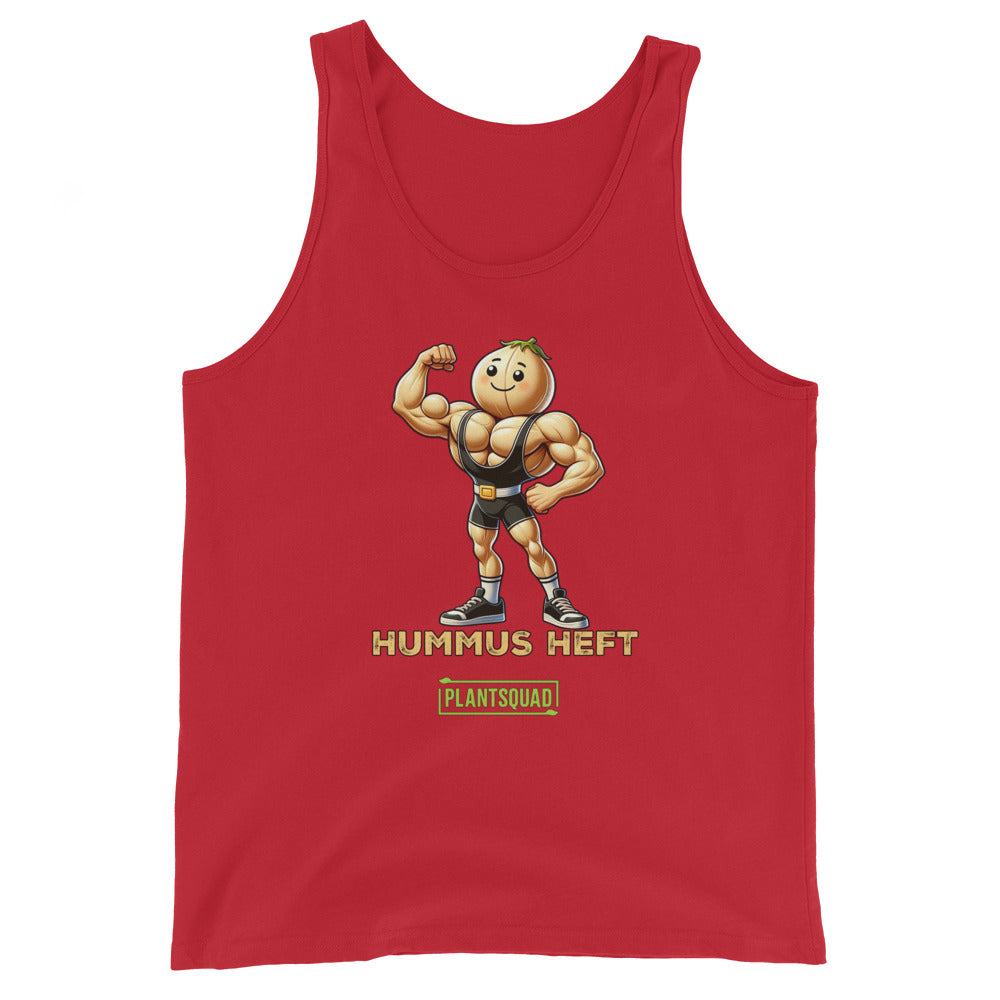 A black tank top made from breathable fabric, featuring an illustration of a muscular chickpea character flexing its arm, with the text "Hummus Heft" and a small green label reading "PlantSquad," perfect for a vegan workout tank top that celebrates the plant-based lifestyle can be replaced with Plantsquad Chickpea "Hummus Heft" - Unisex Tank Top.