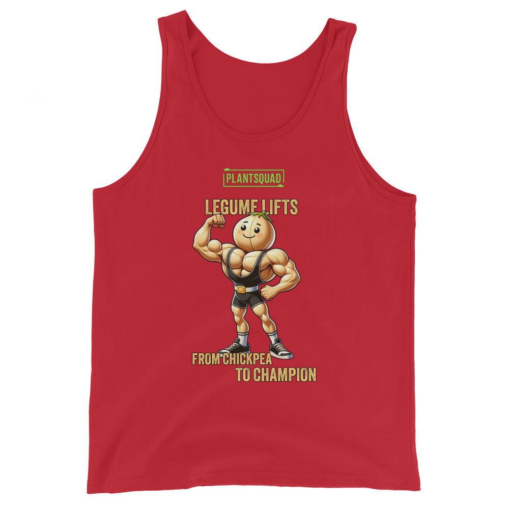 A Plantsquad Chickpea "Legume Lifts" - Unisex Tank Top with a cartoon image of a muscular chickpea flexing its biceps. The text above reads "PLANTSQUAD," and below the image, "LEGUME LIFTS - FROM CHICKPEA TO CHAMPION." Perfect for gym enthusiasts embracing the vegan lifestyle.