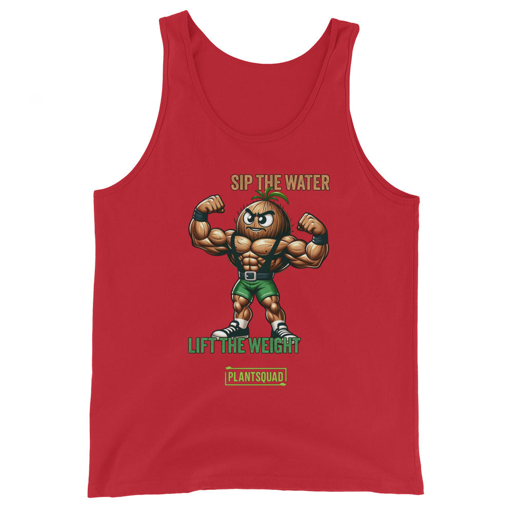 A black Plantsquad Coconut "Sip The Water Lift The Weight" - Unisex Tank Top featuring a muscular cartoon broccoli flexing its biceps. It has the text "SIP THE WATER" in orange, "LIFT THE WEIGHT" in green, and "PLANTSQUAD" in a green box at the bottom. Perfect for gym enthusiasts embracing a plant-based lifestyle.