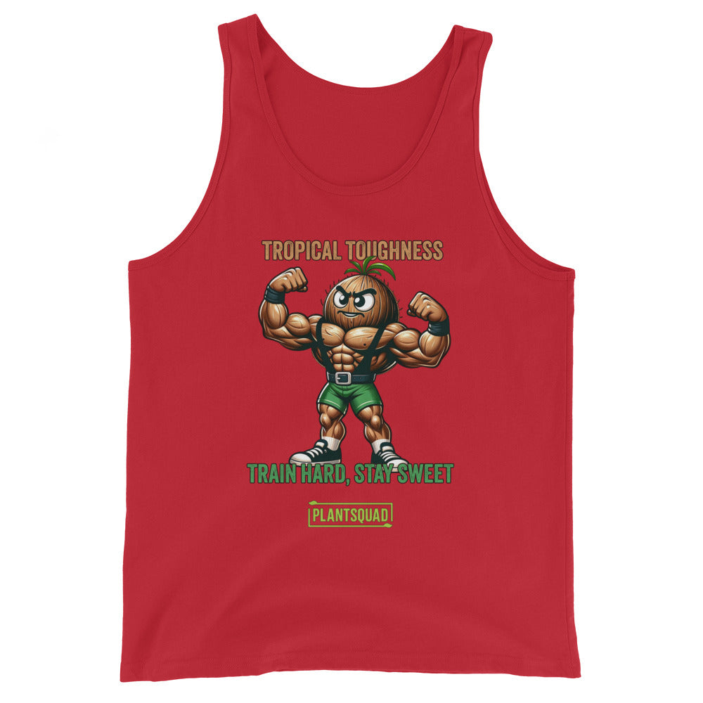 Sure, here's the sentence with the product name replaced:

The Plantsquad Coconut "Tropical Toughness Train Hard Stay Sweet" - Unisex Tank Top is a black sleeveless tank top featuring an illustration of a muscular anthropomorphic pineapple flexing its biceps. The text "Tropical Toughness" is written above the pineapple, and "Train Hard, Stay Sweet" along with "Plant Squad" is written below it—perfect vegan gym wear for a plant-based lifestyle.