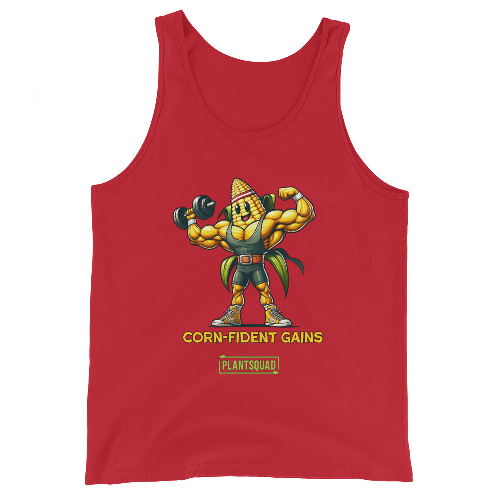 A black gym tank top featuring a muscular cartoon corn on the cob lifting a dumbbell. The corn character has sunglasses and a confident expression. The text below reads "CORN-FIDENT GAINS" and "PLANTSQUAD." Perfect for those seeking vegan workout clothes with style, this is the Plantsquad Corn "Corn-fident Gains" - Unisex Tank Top!